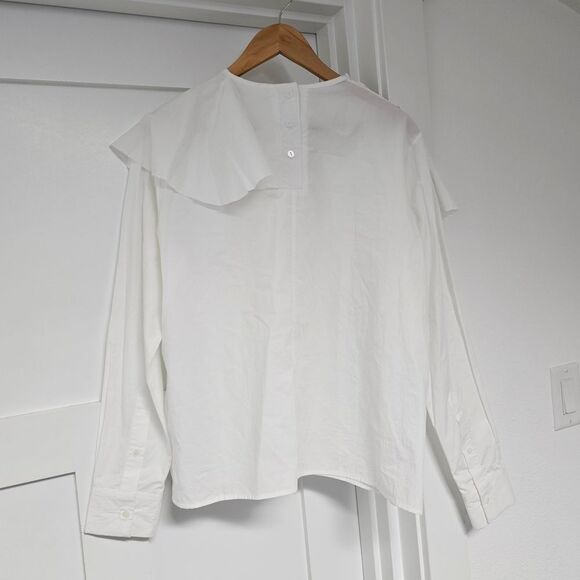 Renata Brenha Asymmetrical Gathered Pleated Collar Elegant Ruffled Blouse White - Picture 7 of 13